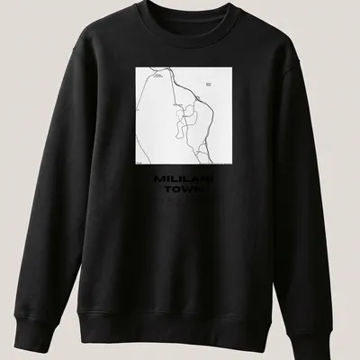 Minimalist print of Mililani Town map coordinates in black and white — printed on a unisex sweatshirt