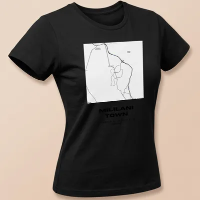 Minimalist print of Mililani Town map coordinates in black and white — printed on a women's shirt