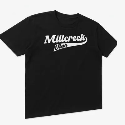 Stylish Millcreek Utah T-Shirt with elegant script font — printed on a unisex t-shirt (angled view)