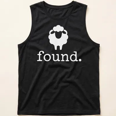 Minimalist black and white sheep icon with the word 'Found.' below. — printed on a tank top