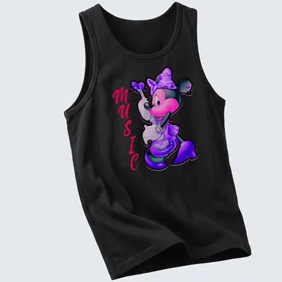 Colorful cartoon print of Minnie Mouse playing guitar with the word 'MUSIC' — printed on a tank top