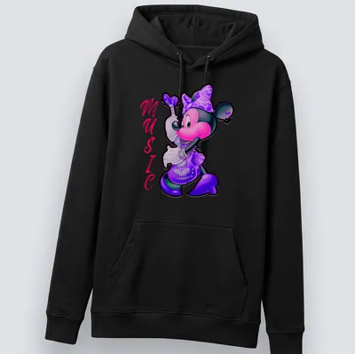 Colorful cartoon print of Minnie Mouse playing guitar with the word 'MUSIC' — printed on a unisex hoodie
