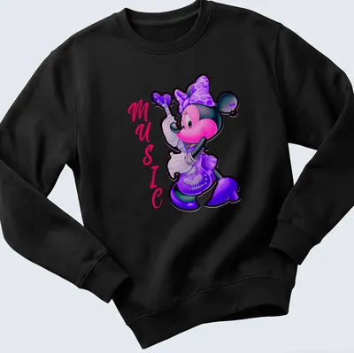 Colorful cartoon print of Minnie Mouse playing guitar with the word 'MUSIC' — printed on a unisex sweatshirt