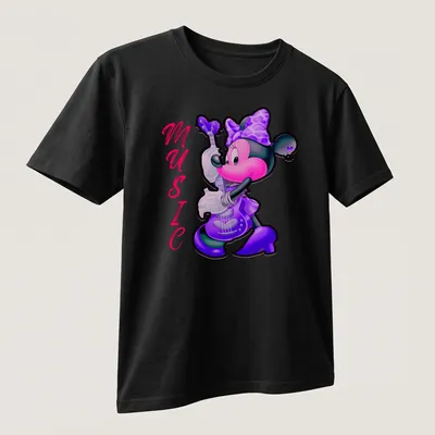 Colorful cartoon print of Minnie Mouse playing guitar with the word 'MUSIC' — printed on a unisex t-shirt (angled view)