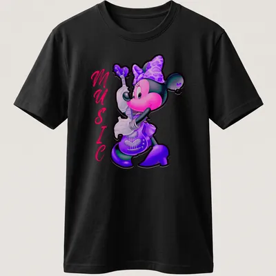 Colorful cartoon print of Minnie Mouse playing guitar with the word 'MUSIC'