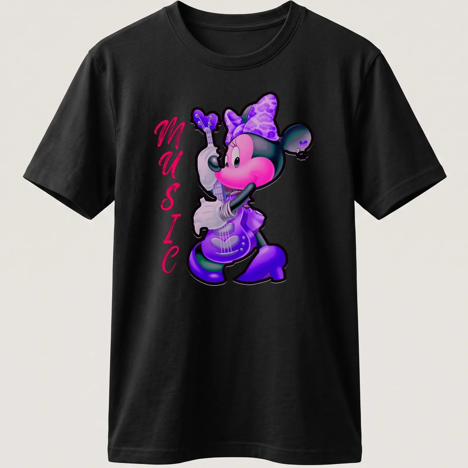 Colorful cartoon print of Minnie Mouse playing guitar with the word 'MUSIC' — printed on a unisex t-shirt