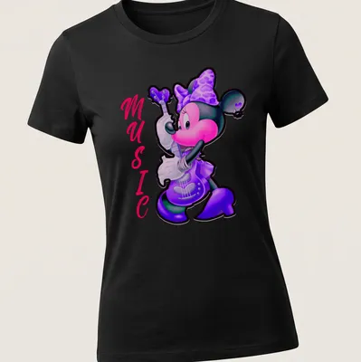 Colorful cartoon print of Minnie Mouse playing guitar with the word 'MUSIC' — printed on a women's shirt