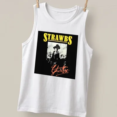 Monochrome print of a woman's portrait with the text 'STRAWBS Ghosts' in black, white, yellow, and red hues. — printed on a tank top