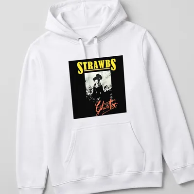 Monochrome print of a woman's portrait with the text 'STRAWBS Ghosts' in black, white, yellow, and red hues. — printed on a unisex hoodie