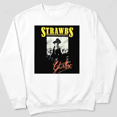 Monochrome print of a woman's portrait with the text 'STRAWBS Ghosts' in black, white, yellow, and red hues. — printed on a unisex sweatshirt