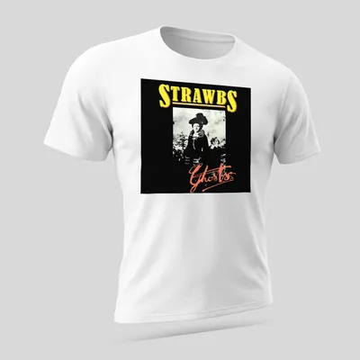 Monochrome print of a woman's portrait with the text 'STRAWBS Ghosts' in black, white, yellow, and red hues. — printed on a unisex t-shirt (angled view)