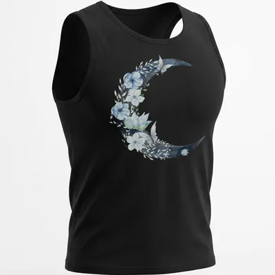 Watercolor crescent moon with flowers and butterflies in blue, green, and white — printed on a tank top