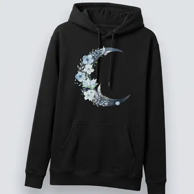 Watercolor crescent moon with flowers and butterflies in blue, green, and white — printed on a unisex hoodie