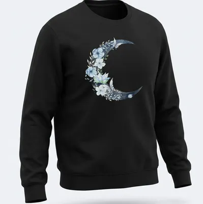 Watercolor crescent moon with flowers and butterflies in blue, green, and white — printed on a unisex sweatshirt