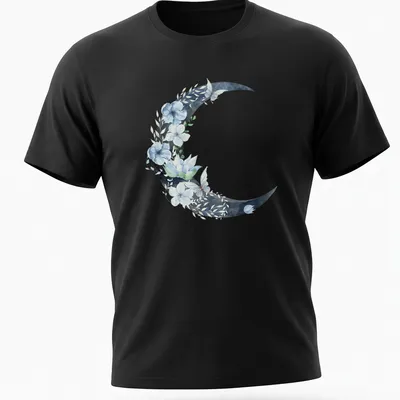 Watercolor crescent moon with flowers and butterflies in blue, green, and white