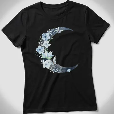 Watercolor crescent moon with flowers and butterflies in blue, green, and white — printed on a women's shirt