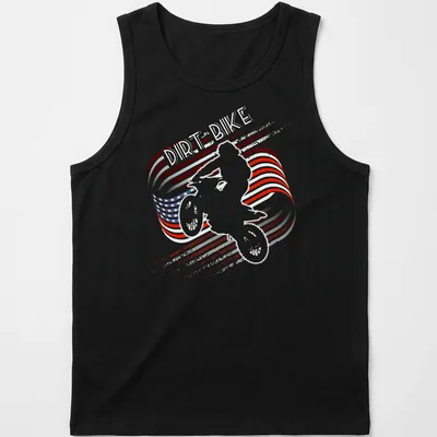 Distressed print of a motocross dirt bike with American flag colors — printed on a tank top