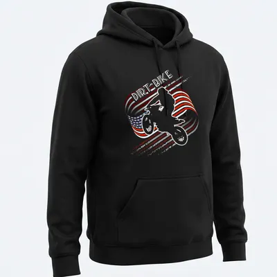 Distressed print of a motocross dirt bike with American flag colors — printed on a unisex hoodie
