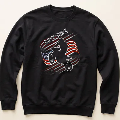 Distressed print of a motocross dirt bike with American flag colors — printed on a unisex sweatshirt