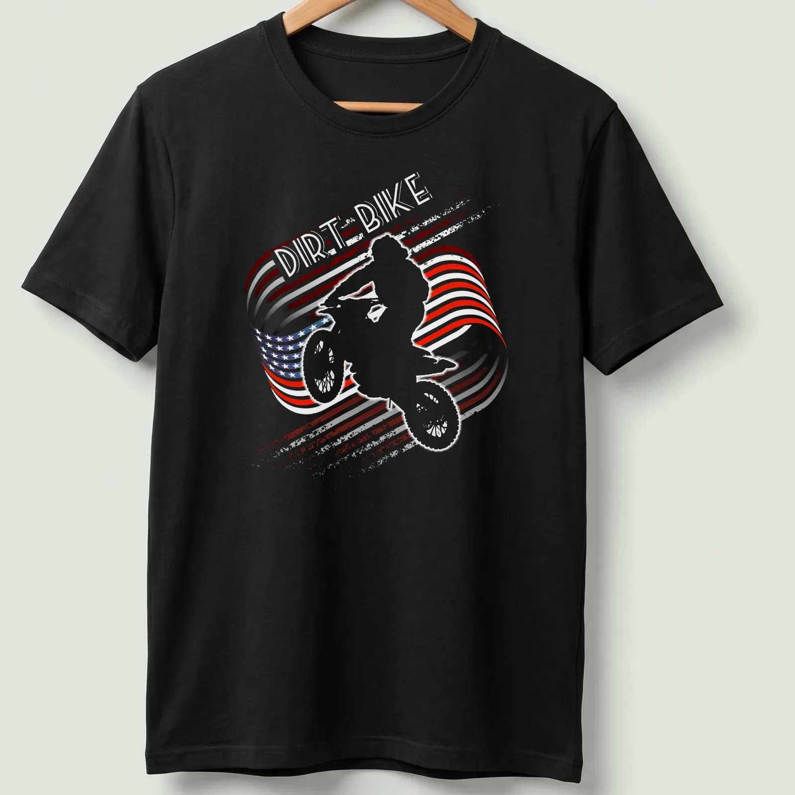 Distressed print of a motocross dirt bike with American flag colors — printed on a unisex t-shirt