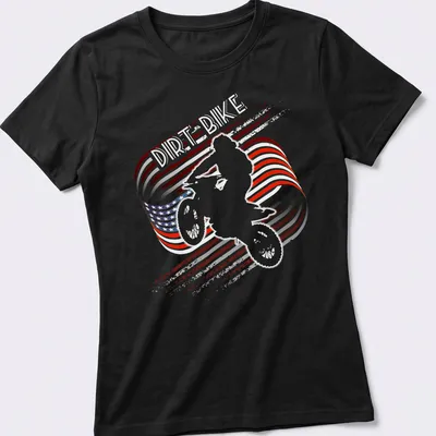 Distressed print of a motocross dirt bike with American flag colors — printed on a women's shirt