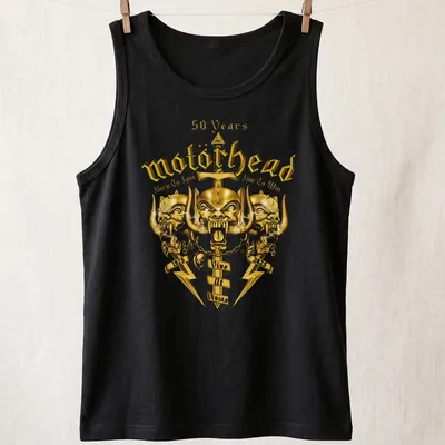 Metallic gold and black Motörhead shirt featuring bold text celebrating 50 years. — printed on a tank top