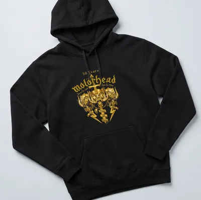 Metallic gold and black Motörhead shirt featuring bold text celebrating 50 years. — printed on a unisex hoodie