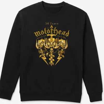 Metallic gold and black Motörhead shirt featuring bold text celebrating 50 years. — printed on a unisex sweatshirt