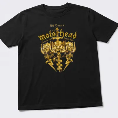 Metallic gold and black Motörhead shirt featuring bold text celebrating 50 years.