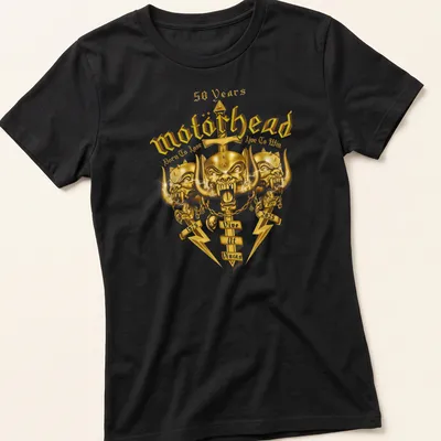 Metallic gold and black Motörhead shirt featuring bold text celebrating 50 years. — printed on a women's shirt