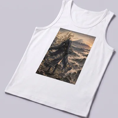 Anime-inspired illustration of an elegant woman in kimono against Mount Fuji sunset — printed on a tank top