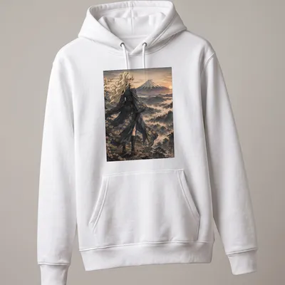 Anime-inspired illustration of an elegant woman in kimono against Mount Fuji sunset — printed on a unisex hoodie