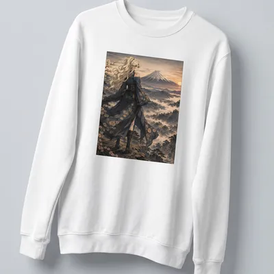 Anime-inspired illustration of an elegant woman in kimono against Mount Fuji sunset — printed on a unisex sweatshirt
