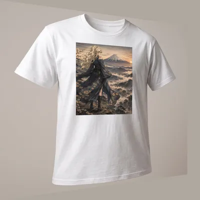 Anime-inspired illustration of an elegant woman in kimono against Mount Fuji sunset — printed on a unisex t-shirt (angled view)