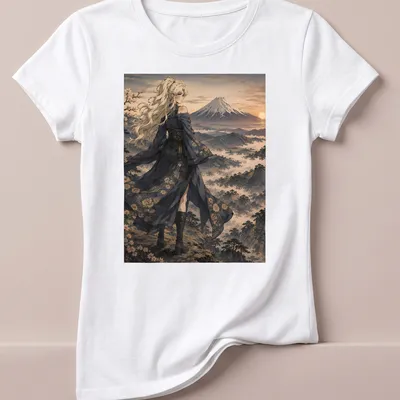 Anime-inspired illustration of an elegant woman in kimono against Mount Fuji sunset — printed on a women's shirt