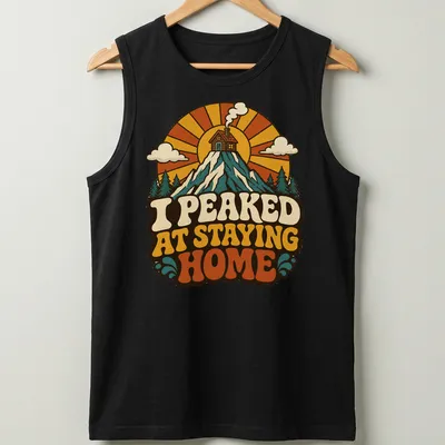 Retro mountain cabin design with text about staying home — printed on a tank top