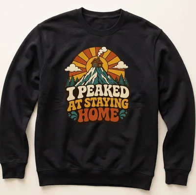 Retro mountain cabin design with text about staying home — printed on a unisex sweatshirt