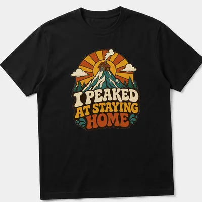 Retro mountain cabin design with text about staying home