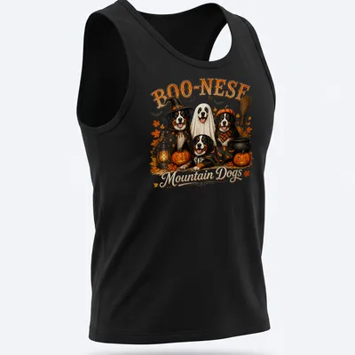 Vintage illustration of mountain dogs with pumpkins and Halloween themes — printed on a tank top