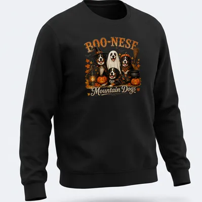 Vintage illustration of mountain dogs with pumpkins and Halloween themes — printed on a unisex sweatshirt