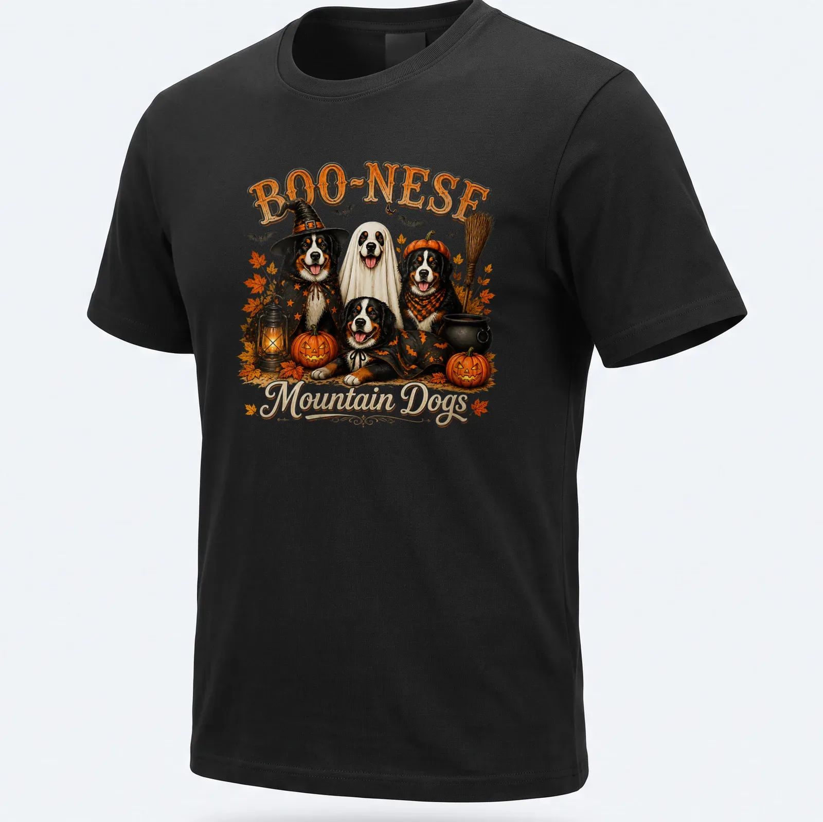 Vintage illustration of mountain dogs with pumpkins and Halloween themes — printed on a unisex t-shirt