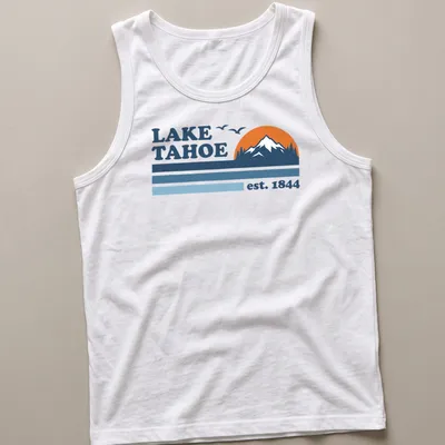 Retro graphic featuring Lake Tahoe est. 1844 in blue and orange — printed on a tank top