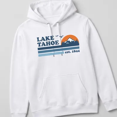 Retro graphic featuring Lake Tahoe est. 1844 in blue and orange — printed on a unisex hoodie