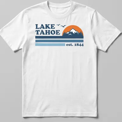 Retro graphic featuring Lake Tahoe est. 1844 in blue and orange
