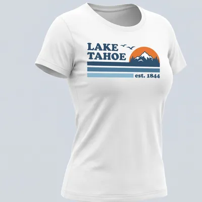 Retro graphic featuring Lake Tahoe est. 1844 in blue and orange — printed on a women's shirt