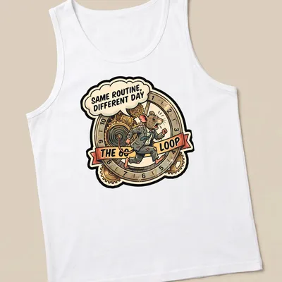 A vintage comic-style illustration of a mouse in a suit with humorous text about routine. — printed on a tank top