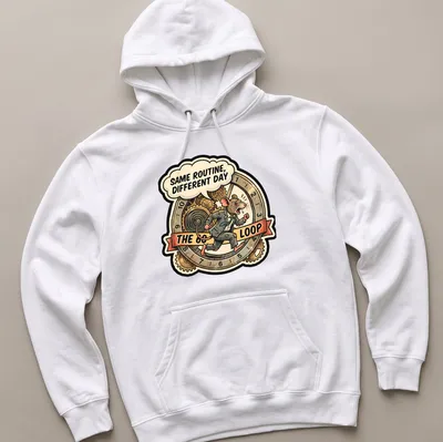 A vintage comic-style illustration of a mouse in a suit with humorous text about routine. — printed on a unisex hoodie