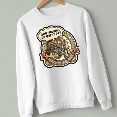 A vintage comic-style illustration of a mouse in a suit with humorous text about routine. — printed on a unisex sweatshirt