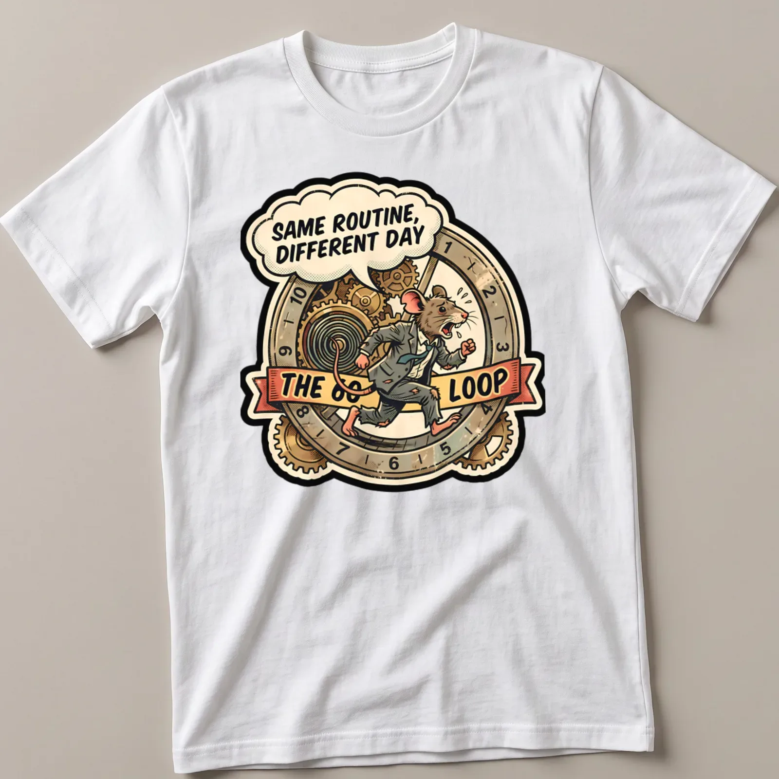 A vintage comic-style illustration of a mouse in a suit with humorous text about routine. — printed on a unisex t-shirt