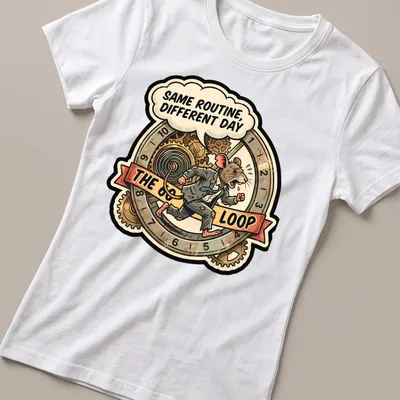 A vintage comic-style illustration of a mouse in a suit with humorous text about routine. — printed on a women's shirt